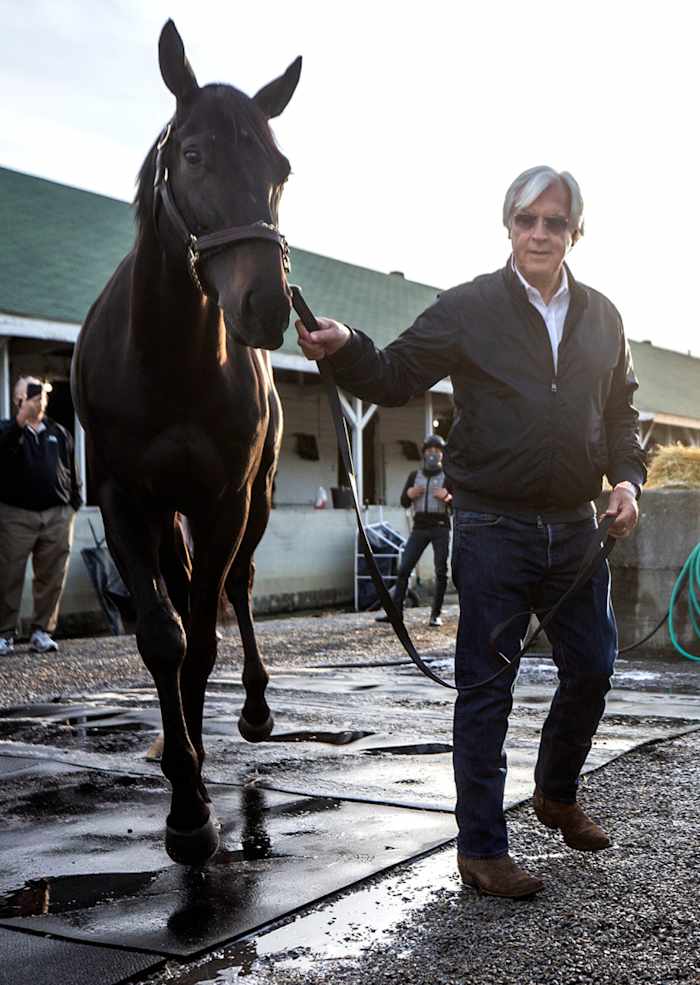 Medina Spirit, pictured here with Baffert in 2021, died later that year. The horse collapsed after a five-furlong workout at Santa Anita Park.